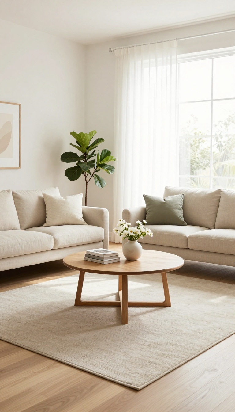 Two matching beige sofas facing each other in a bright symmetrical living room with a round coffee table and natural light