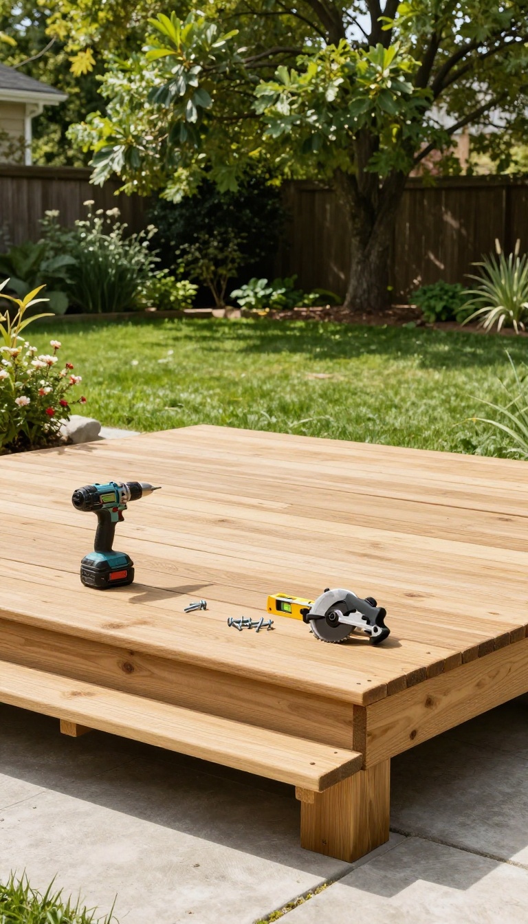 Backyard floating deck built on concrete blocks with pressure-treated lumber and fresh wood boards in bright sunlight