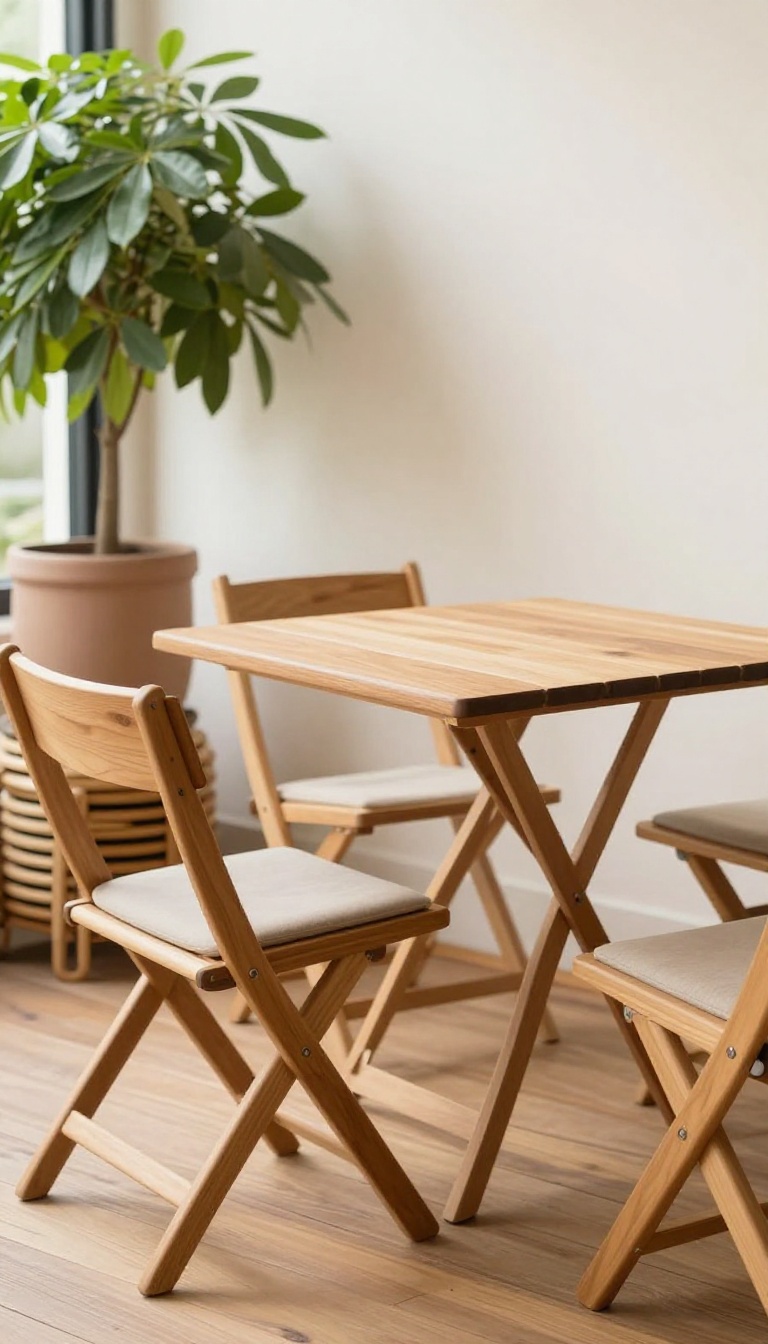 Small patio with foldable bistro furniture and stacked stools in natural light