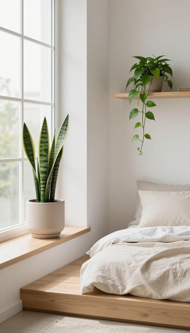 Small Korean-style bedroom with a snake plant on the windowsill and a trailing pothos on a floating shelf in soft natural light
