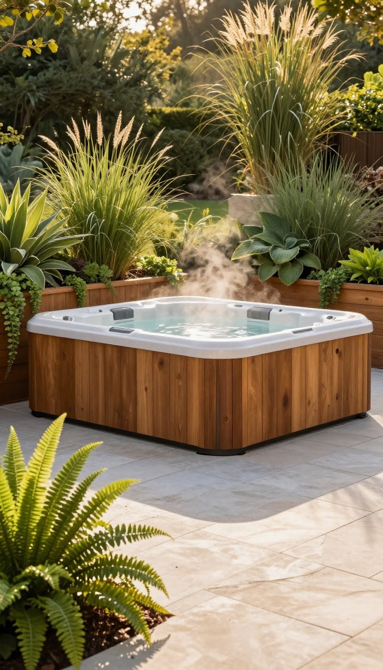 Backyard hot tub with a cedar surround featuring built-in planters overflowing with ornamental grasses, hostas, and ferns on a stone patio at golden hour