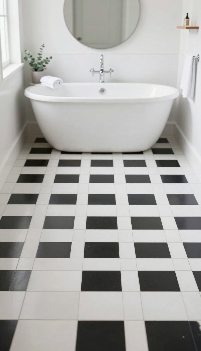 Bright bathroom with a black and white checkerboard peel and stick floor tile in a clean grid pattern, white tub and natural light