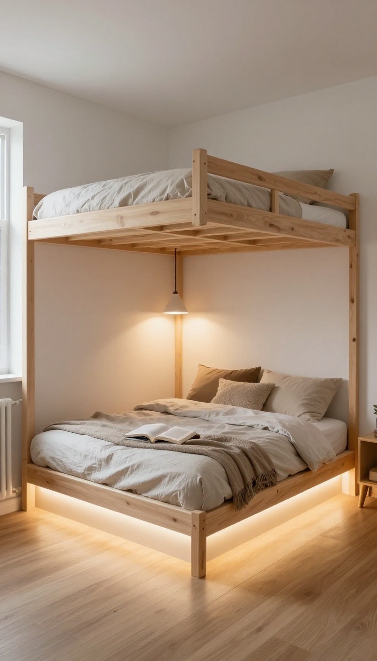 Small loft bedroom with a low platform bed and warm LED lighting glowing underneath, creating a cozy lit nook below