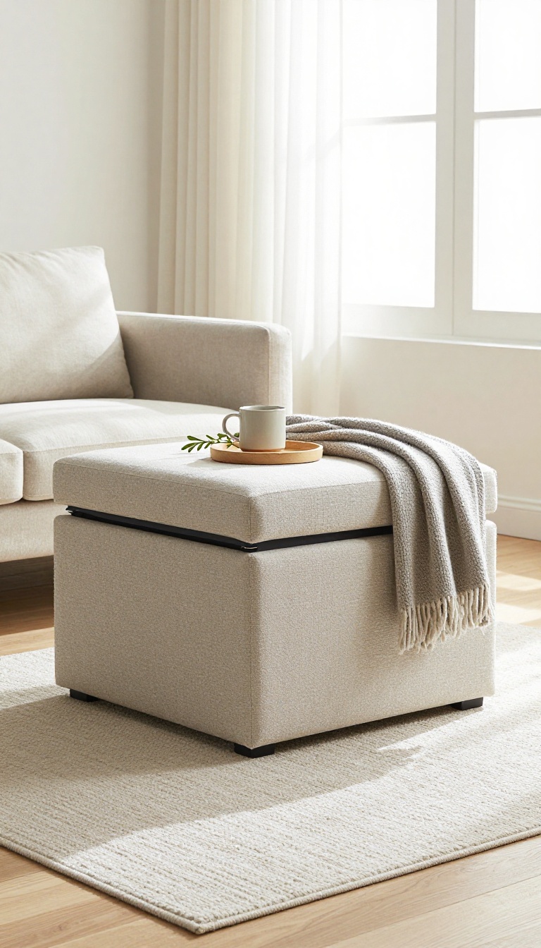 Upholstered storage ottoman with folded blankets on top in a bright neutral living room