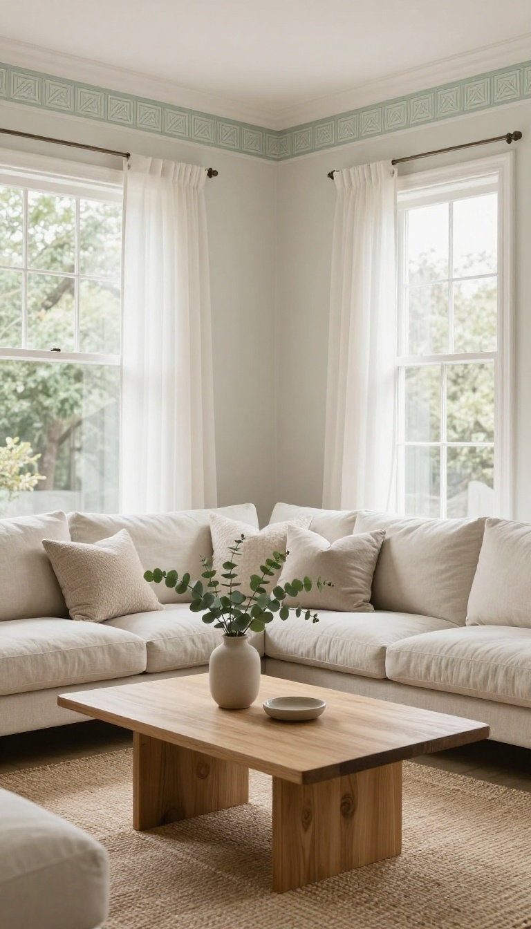 Bright living room with a subtle painted stencil border along the ceiling line above a neutral sofa and natural light