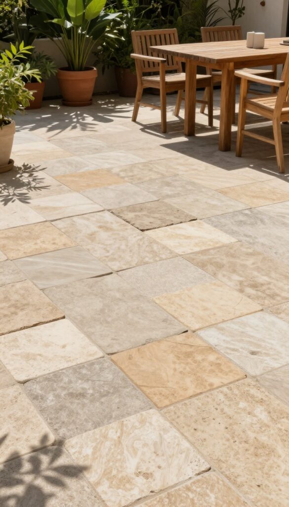 DIY concrete pavers patio floor with natural stone shapes and warm tones, surrounded by plants and outdoor furniture in bright sunlight.