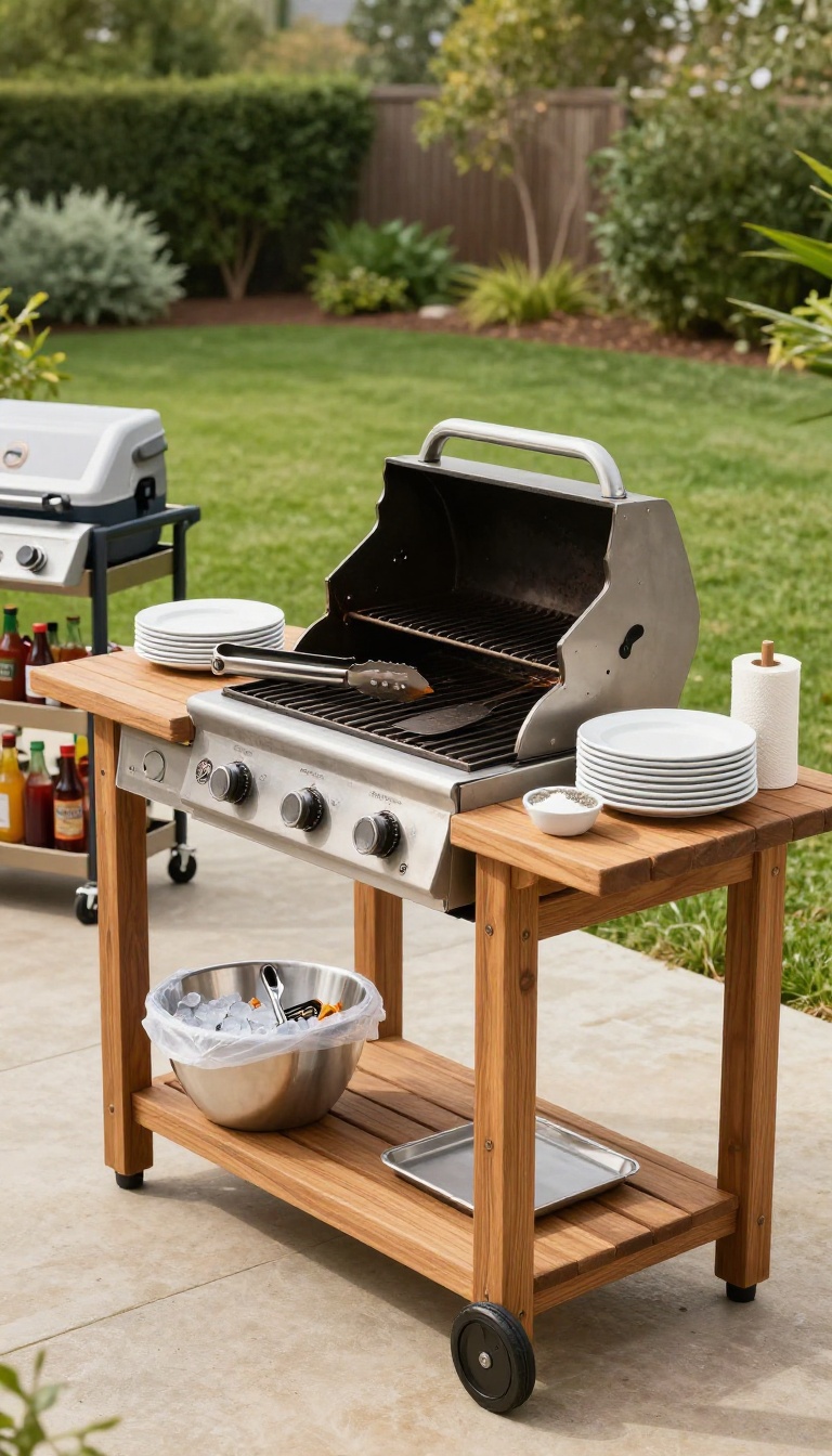 Backyard grill station with tools, plates, and a side table set up for easy outdoor entertaining