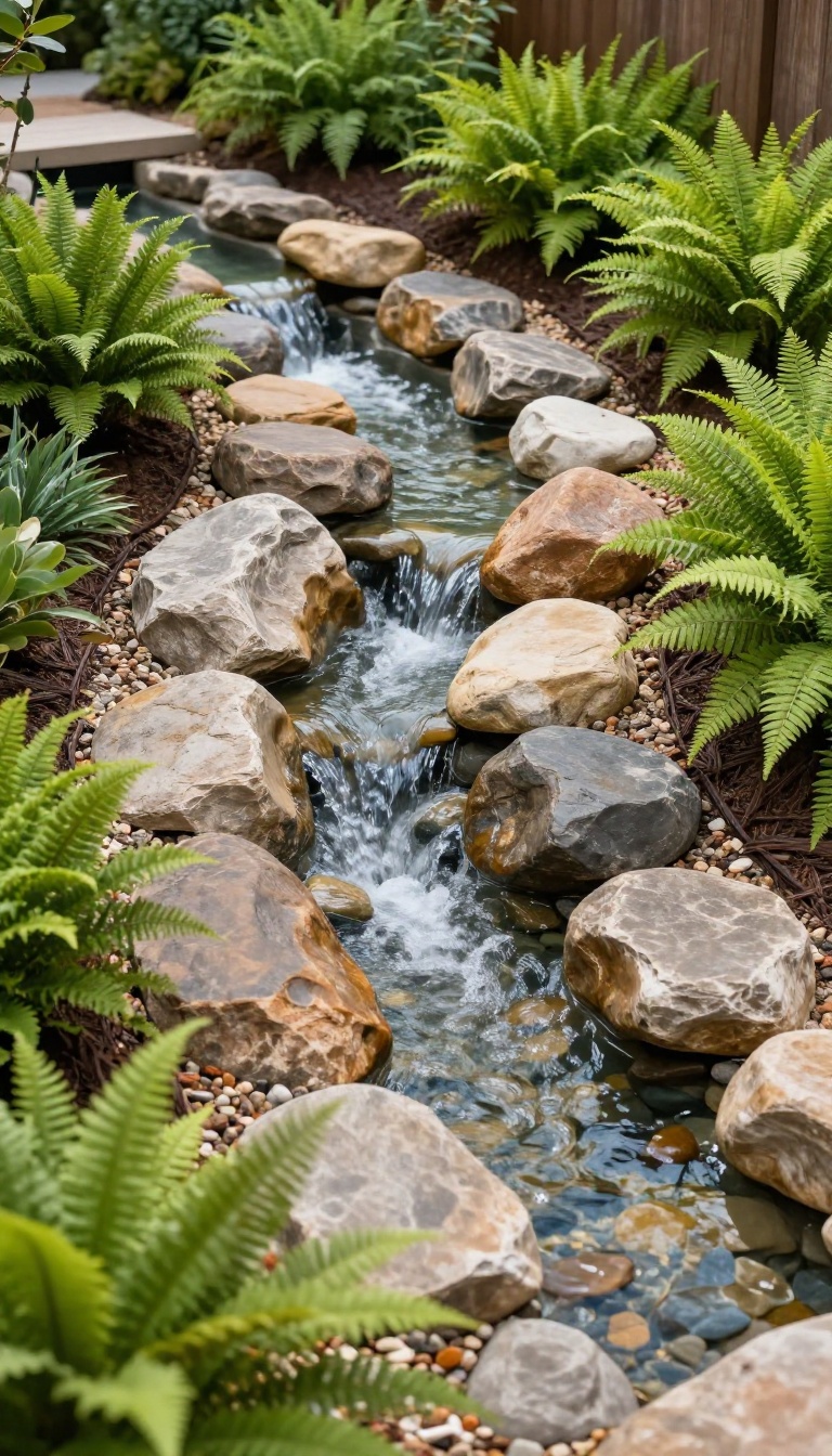 Cascading water feature flowing over natural boulders down a landscaped backyard slope with lush planted edges in bright sunlight