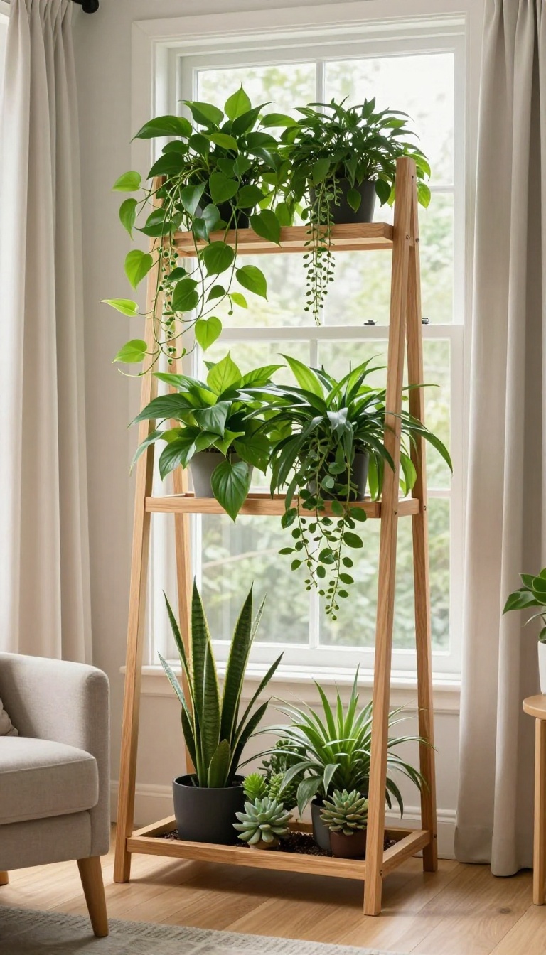 Bright living room bay window styled with a tiered plant stand holding pothos, philodendron, peace lily, and succulents, with a reading chair nearby and clear glass letting in natural light