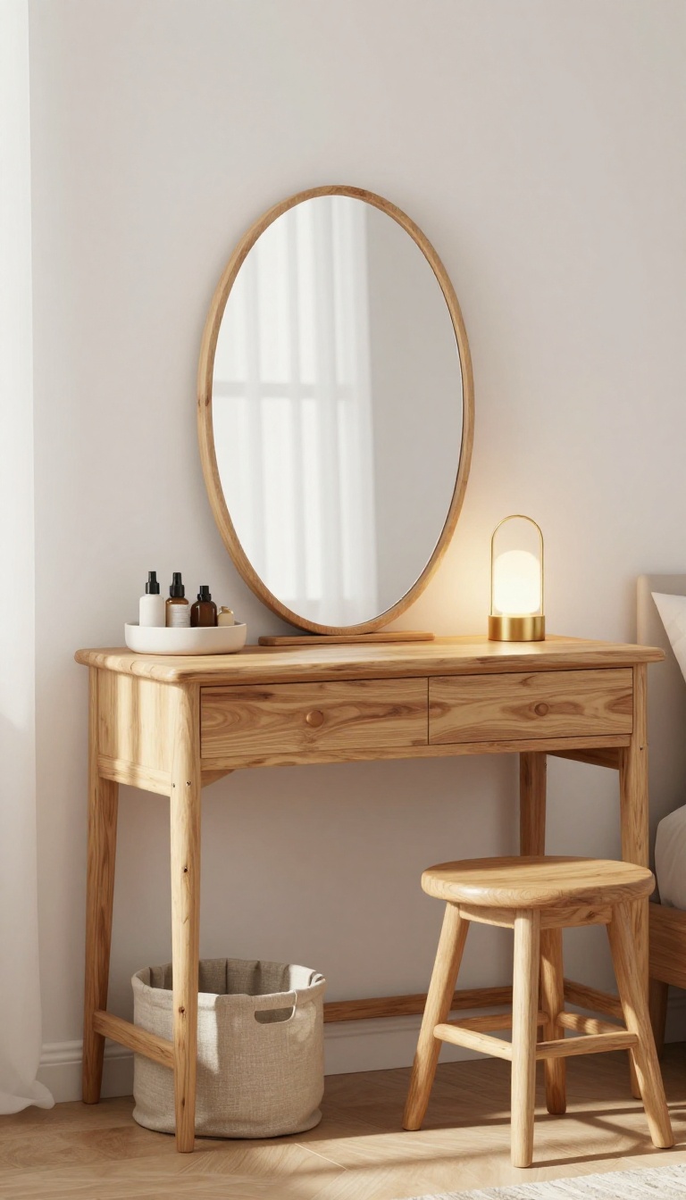 Small bedroom vanity made from a narrow console table with a leaning mirror, small lamp, and fabric skirt hiding storage underneath.