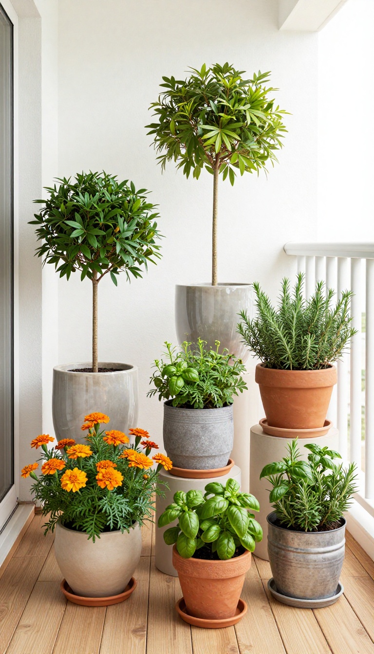 Apartment patio with portable planters of various sizes and heights, featuring greenery, herbs, and flowers in a cozy, inviting setting.