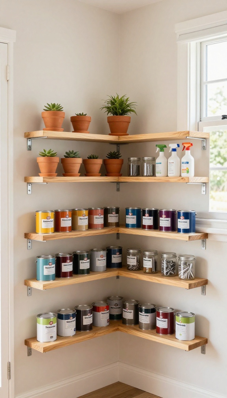 Triangular wooden corner shelves in a bright backyard shed storing paint cans, plant pots, and jars while freeing up floor space