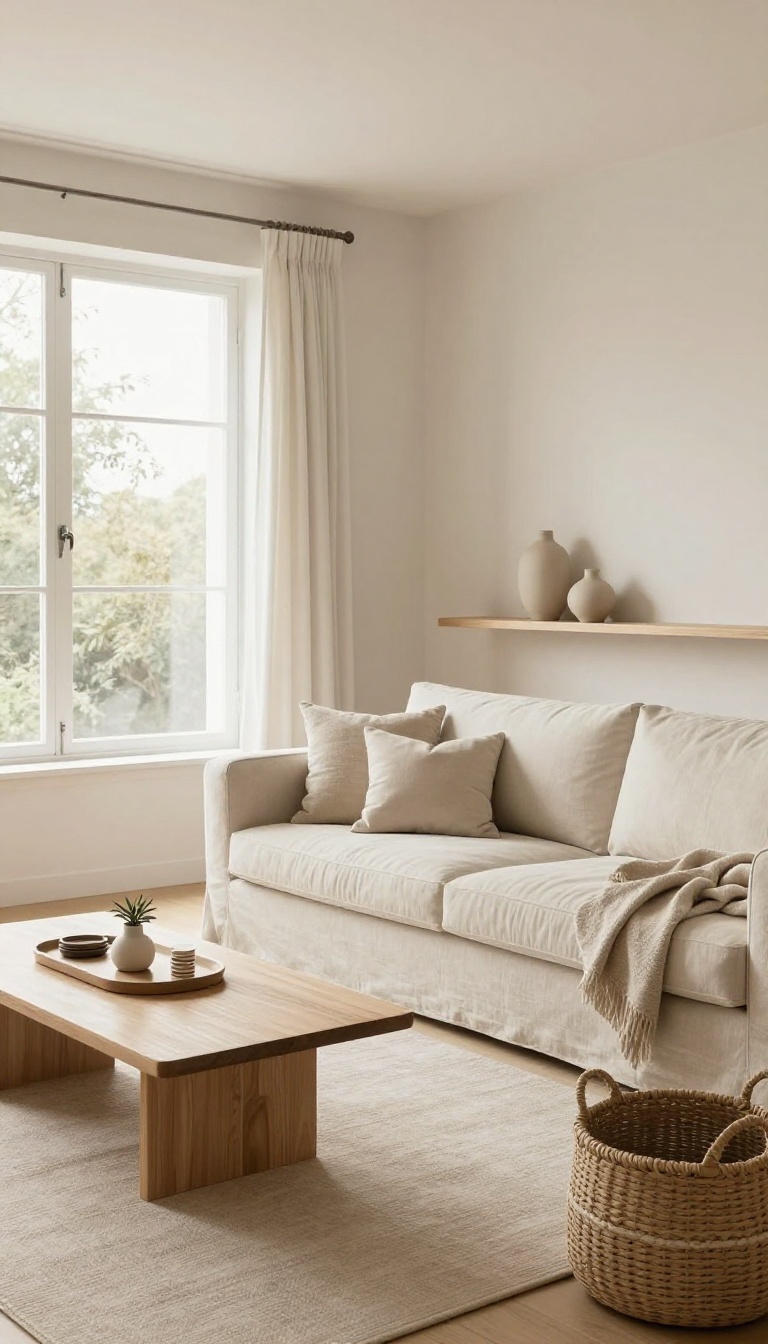 Bright, clutter-free living room with a clean coffee table, woven basket beside a sofa, and minimal floating shelf styled with a few decorative pieces