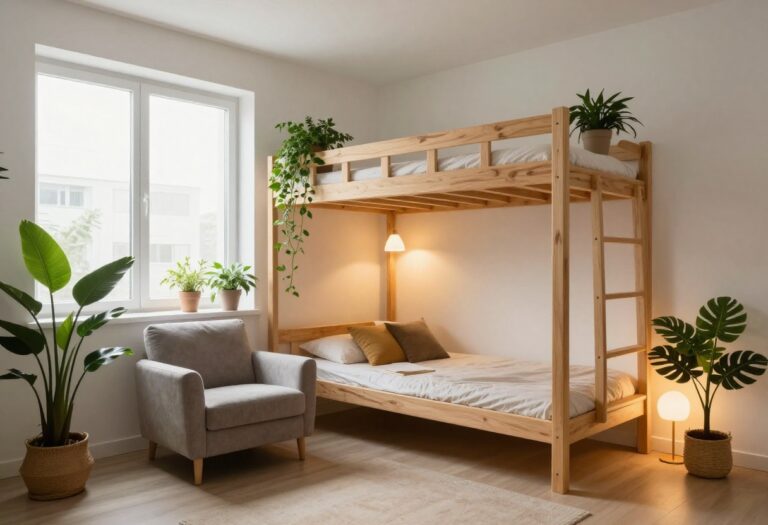 A small loft bedroom with a wooden bed elevated above a cozy reading nook and storage area.