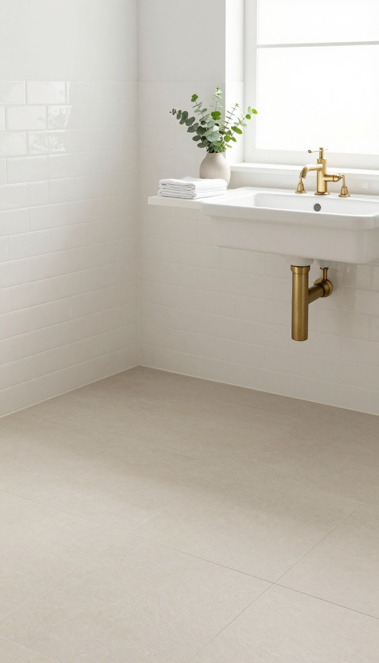Small bright bathroom with soft matte greige floor tiles and diffused natural light, styled with a white pedestal sink and a small plant