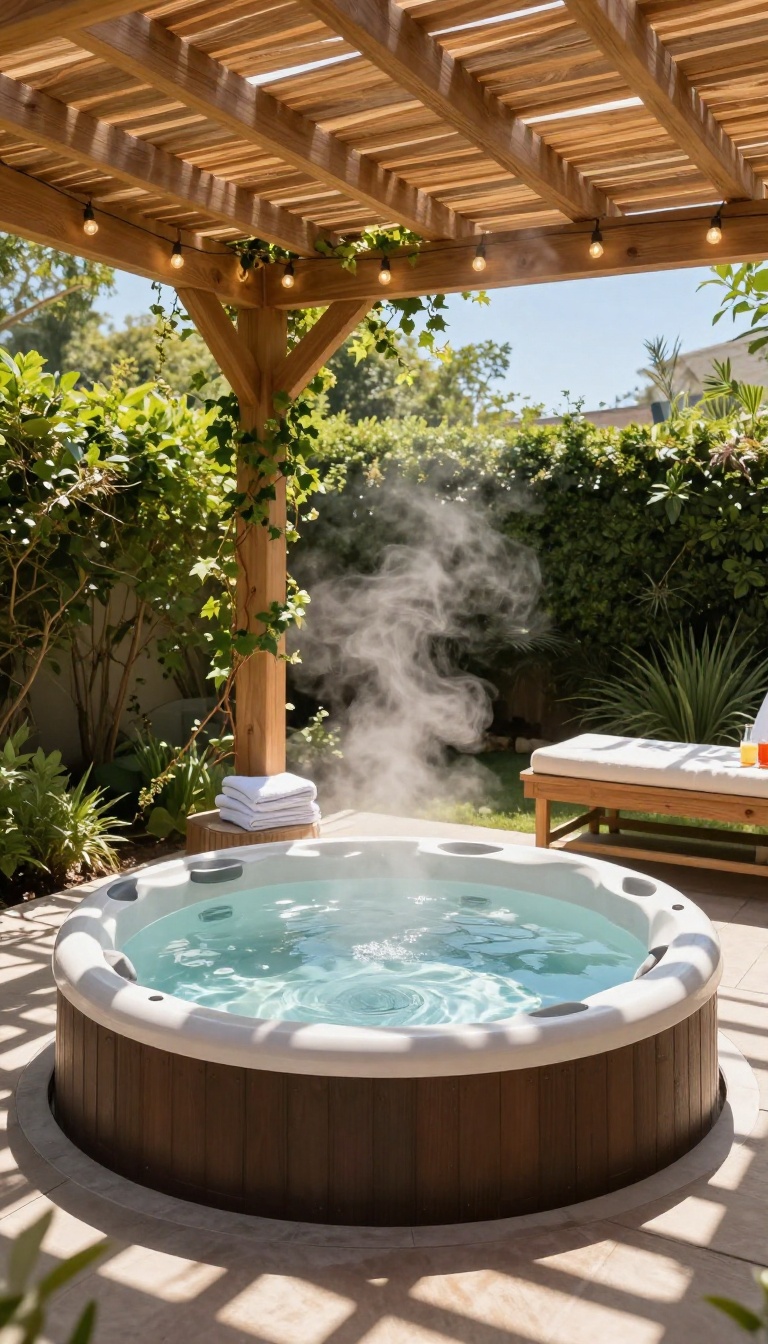 Cedar pergola with open slats shading a round hot tub on a sunny backyard patio, with climbing vines, string lights, and towels on a side table