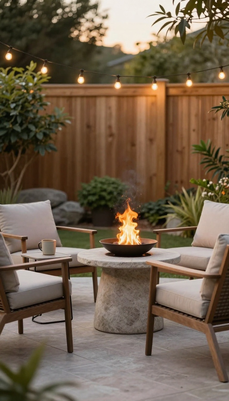 Cozy small backyard patio with a tabletop fire bowl, two chairs, and string lights at golden hour
