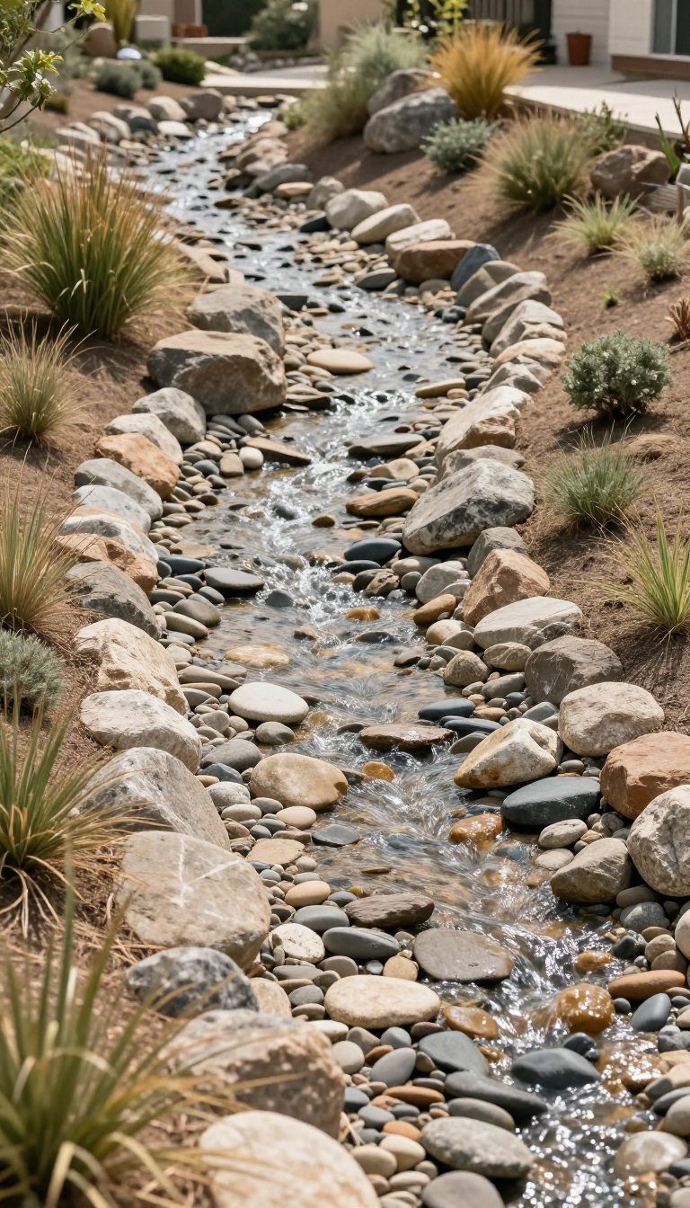 Dry creek bed made of river rocks and boulders winding down a sloped backyard landscape
