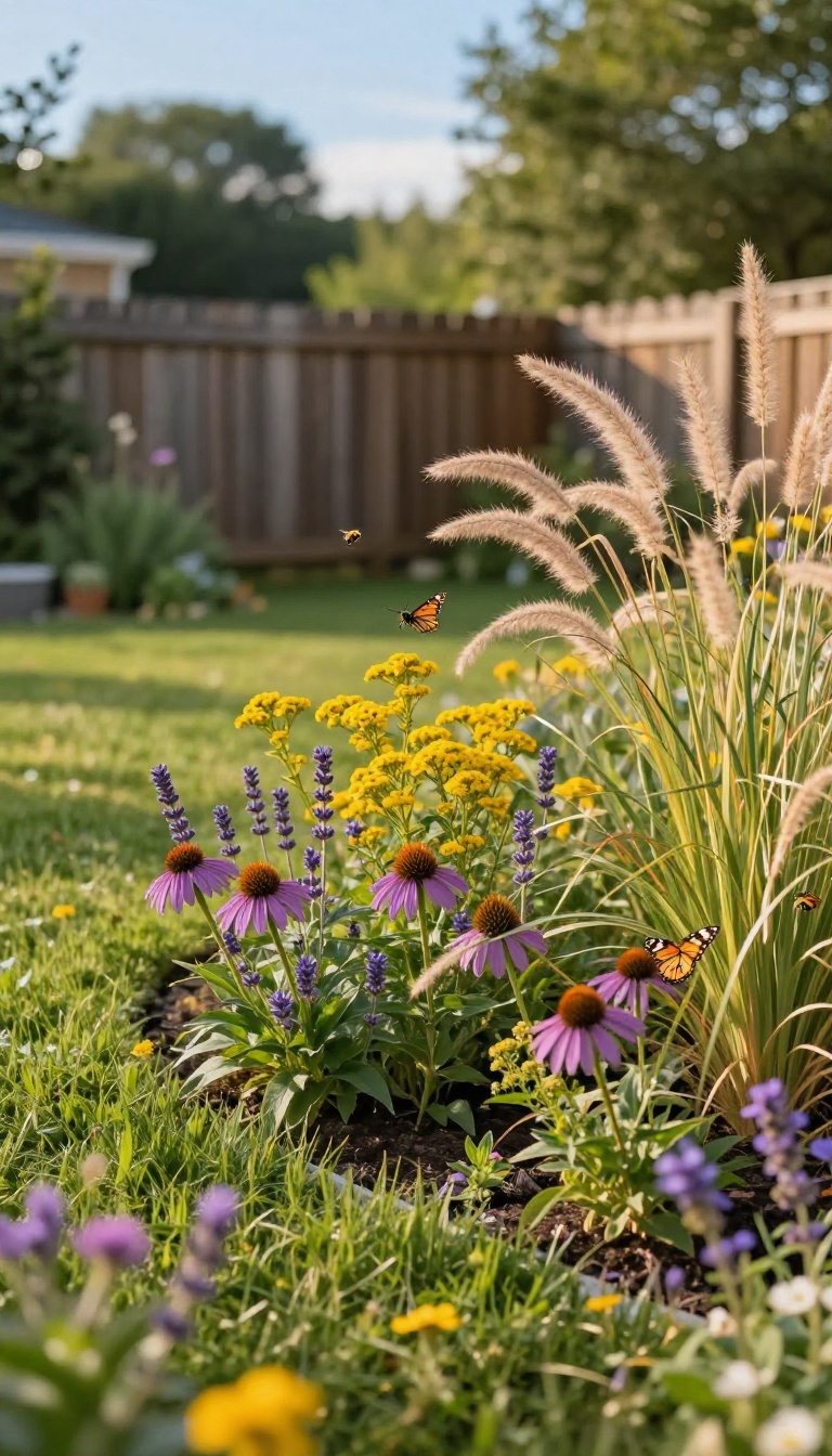 Backyard mini meadow with wildflowers and ornamental grasses replacing part of a lawn, with a mowed path and butterflies in bright sunlight