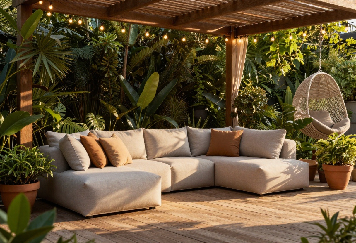 Cozy backyard patio with comfortable seating including a sectional sofa and hanging chair at sunset.