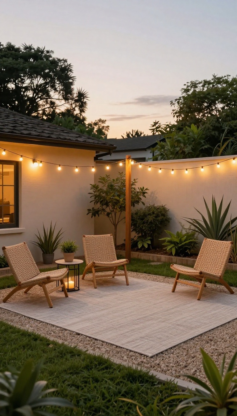Small backyard patio with an outdoor rug marking a sitting zone and warm string lights overhead at dusk