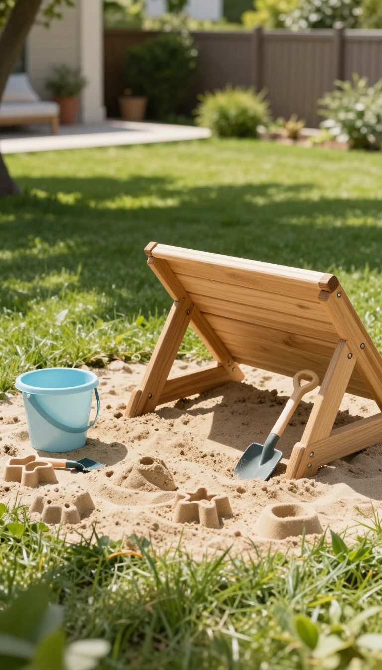 Wooden sandbox with a built-in cover folded into a bench, filled with play sand and toys in a sunny backyard