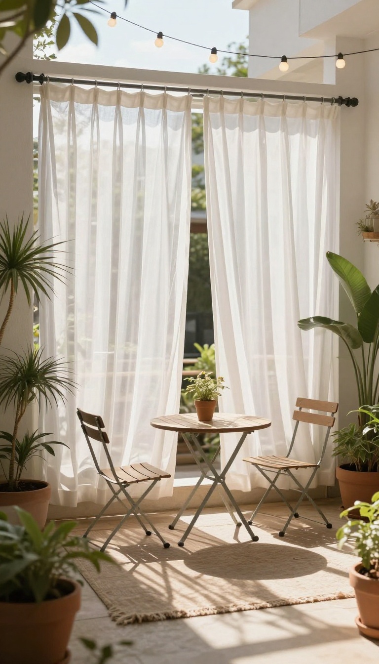 Cozy apartment patio with white outdoor curtains, bistro table, plants, and string lights