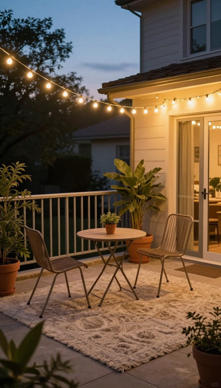Apartment patio with string lights creating a cozy ambiance at dusk