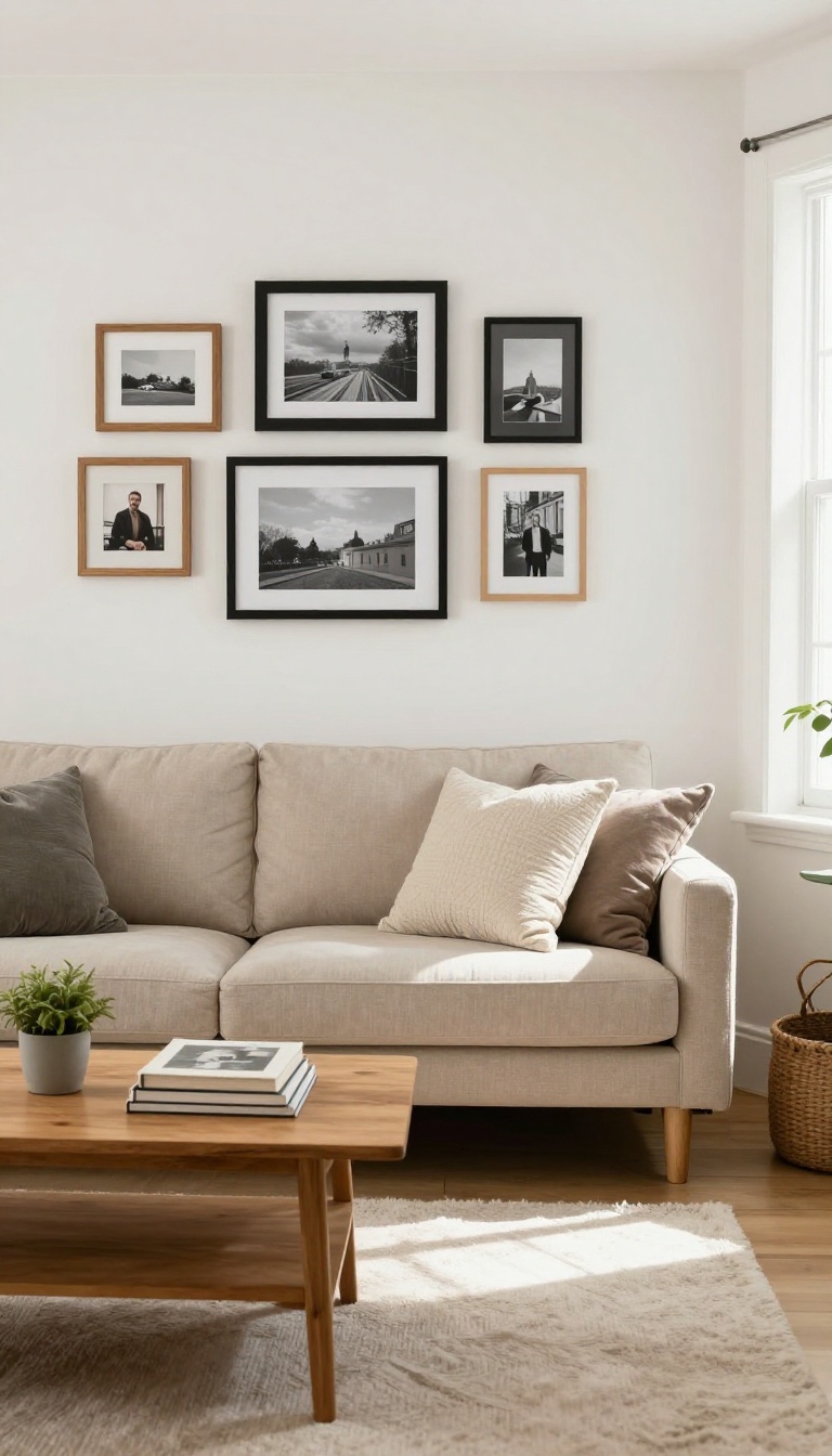 Cozy college living room with a personal gallery wall of mixed frames and mementos