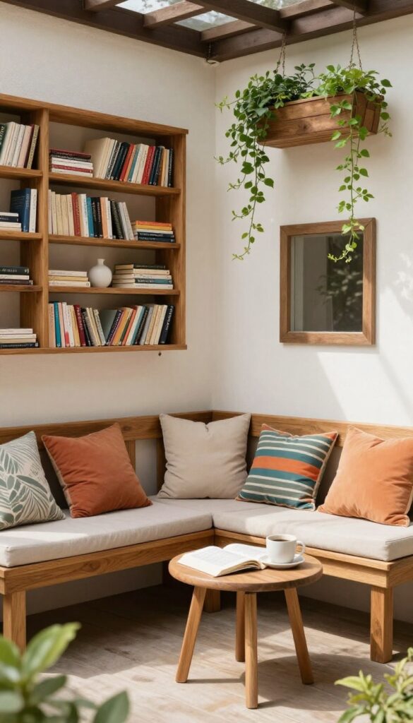 Cozy corner patio reading nook with built-in bench, plush cushions, side table with coffee and book, weatherproof bookshelf, and hanging planter with vines.