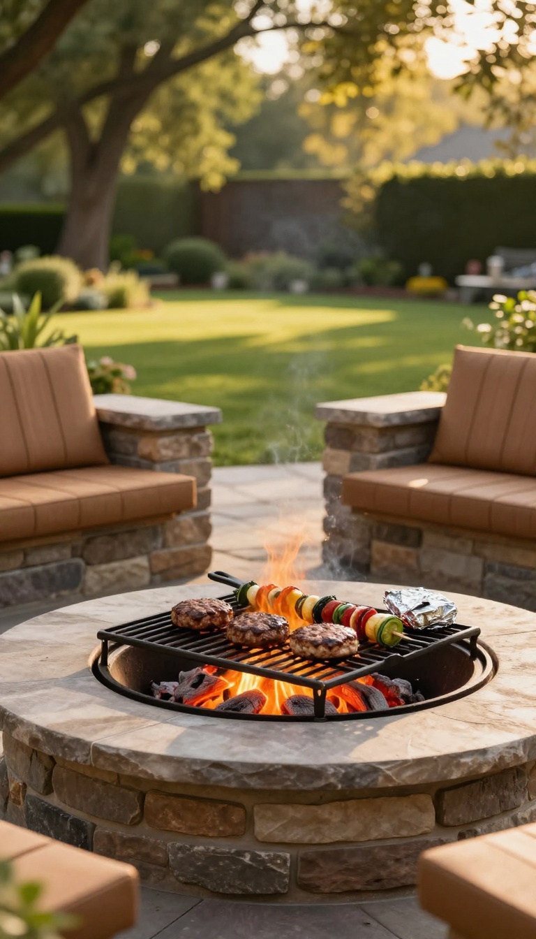 Sunken backyard fire pit with a stainless steel grill grate over glowing coals, cooking burgers and skewers in a two-zone setup on a stone patio at golden hour