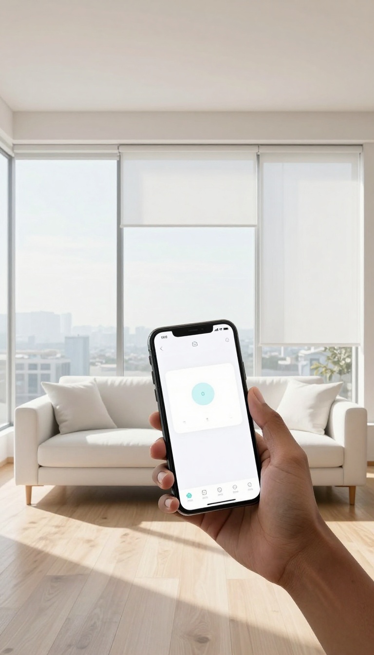 Modern living room with smart blinds controlled by a smartphone app, letting in natural light.