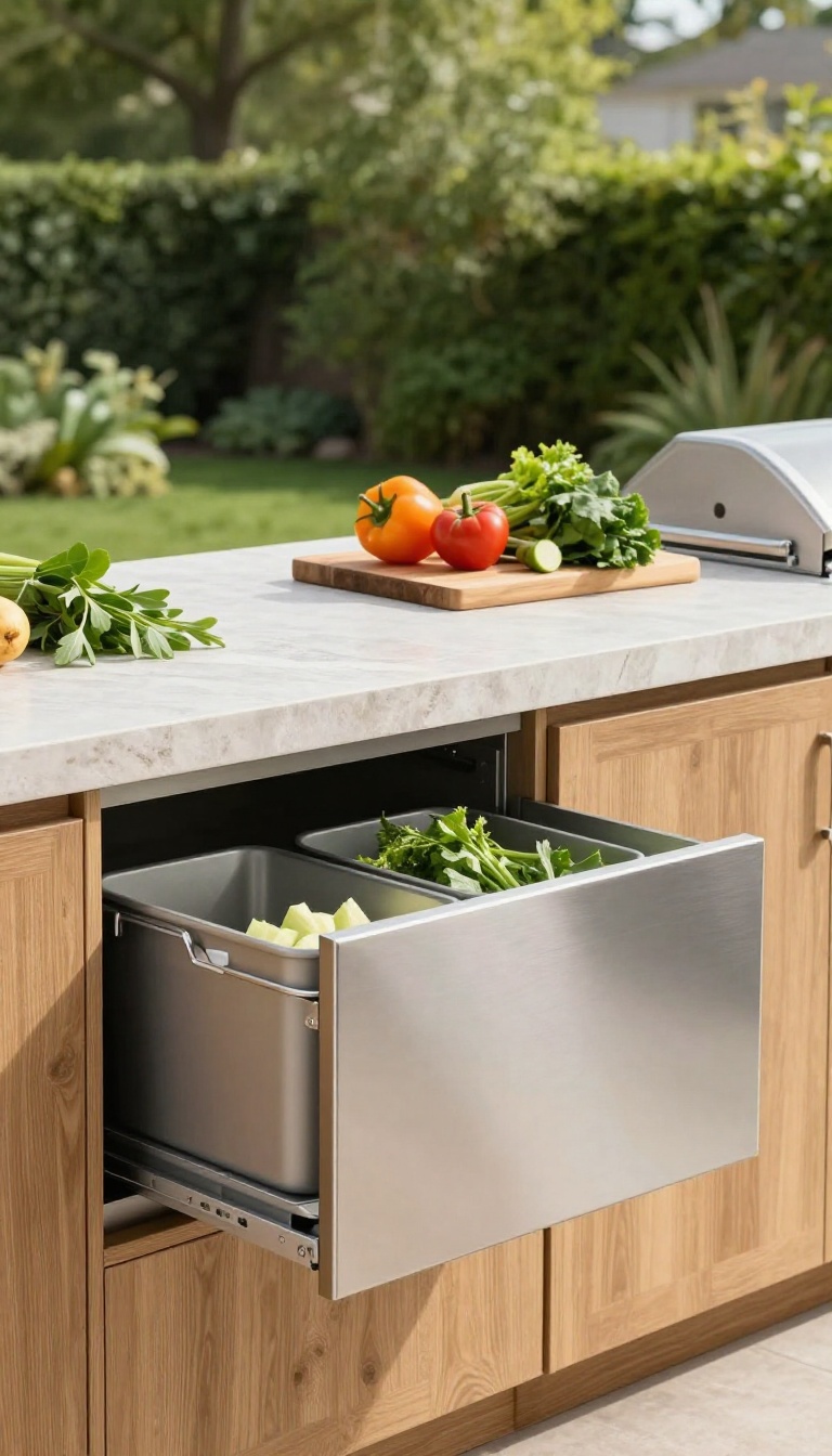 Pull-out trash and recycling bin drawer open beneath a stone counter in a bright outdoor kitchen