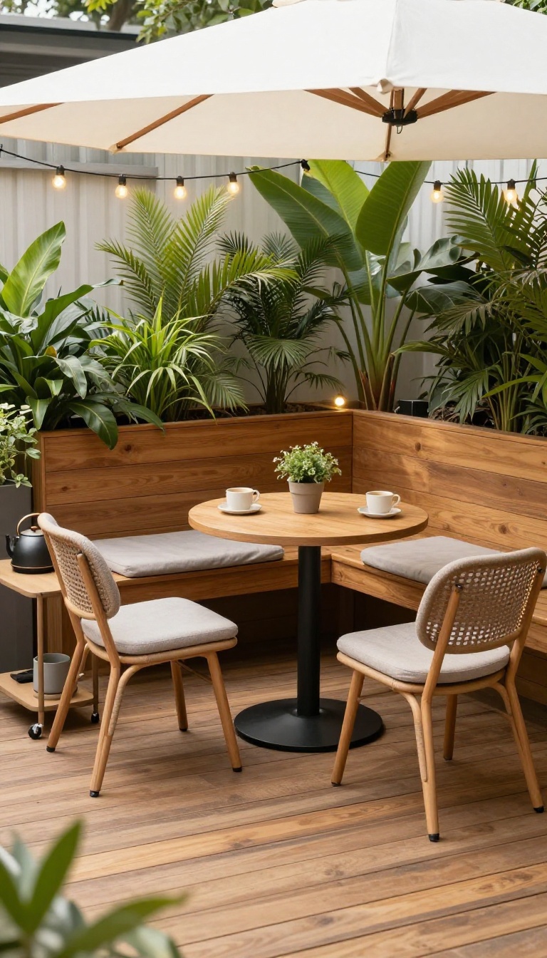Compact outdoor patio dining nook with bistro table, chairs, string lights, and plants