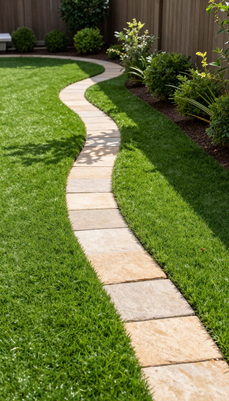 Backyard corner with artificial turf bordered by real stone pavers in a low-maintenance landscaping layout