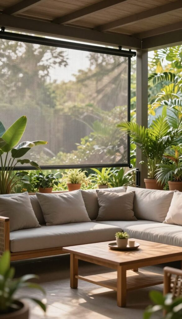 A covered patio with retractable screens partially lowered, showcasing a bug-free lounging area with comfortable furniture and greenery.