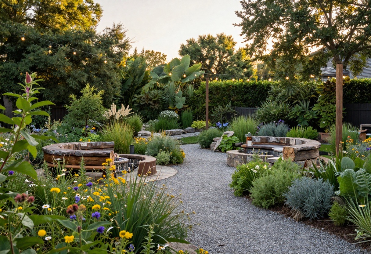 A naturally charming backyard with a gravel path, native plants, a stone fire pit, and string lights at sunset.