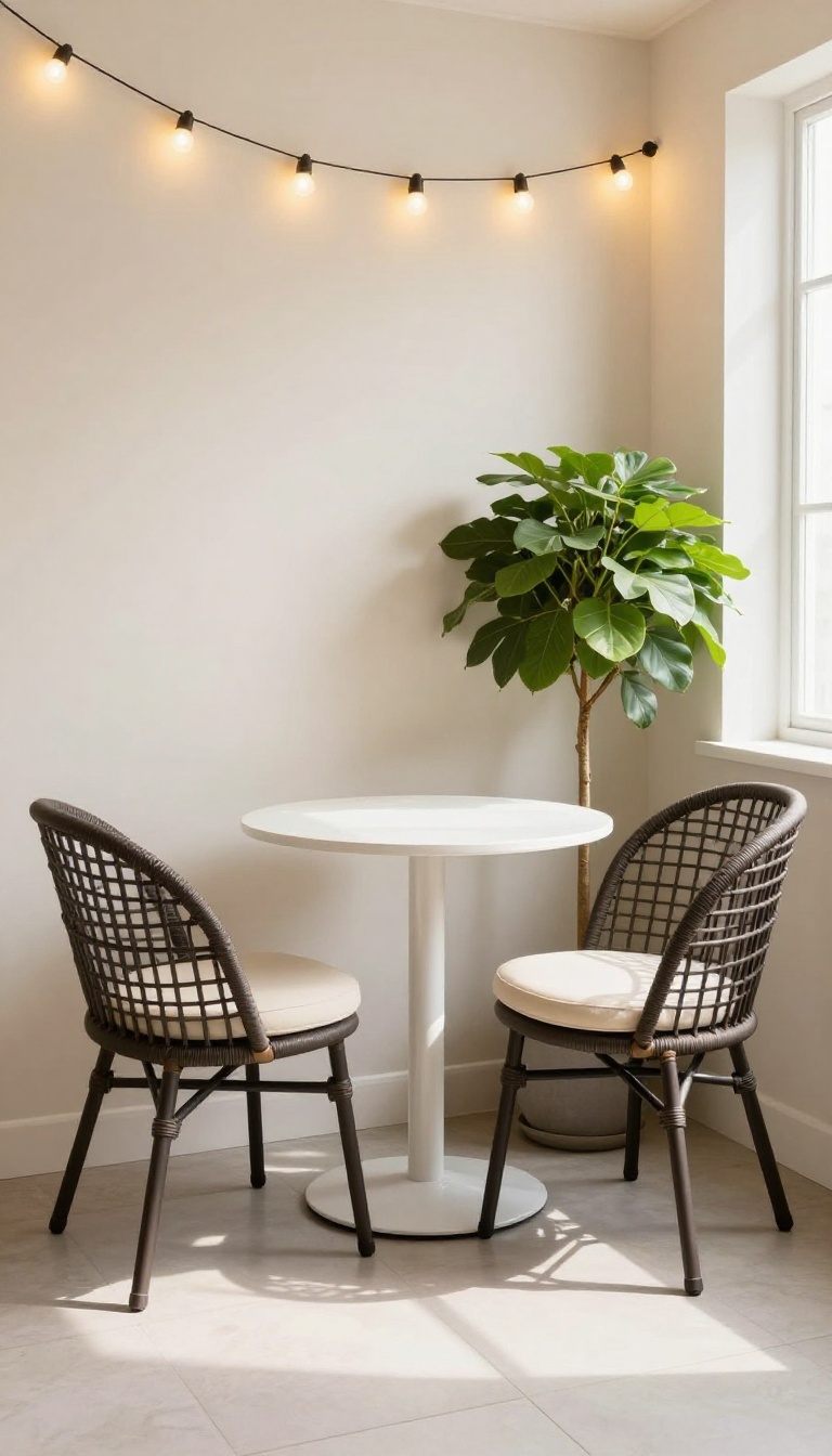 Compact bistro set on a small patio with potted plant and fairy lights