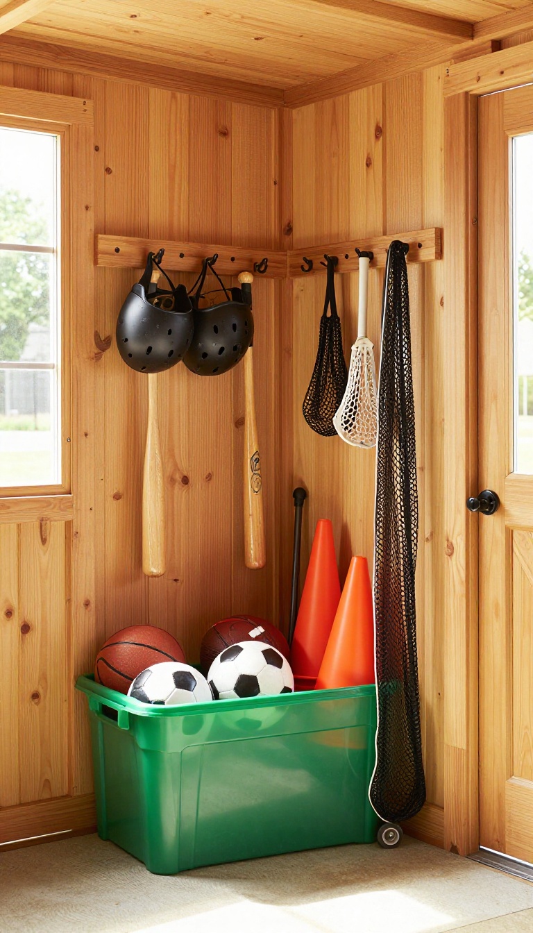 Bright shed corner with open bins of balls, wall hooks holding bats and helmets, and a rolling cart for sports gear storage