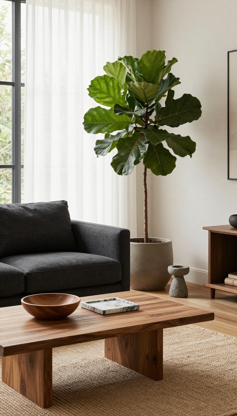 Polished men's living room with a large fiddle leaf fig, live-edge wooden coffee table, marble tray, and woven jute rug in bright natural light