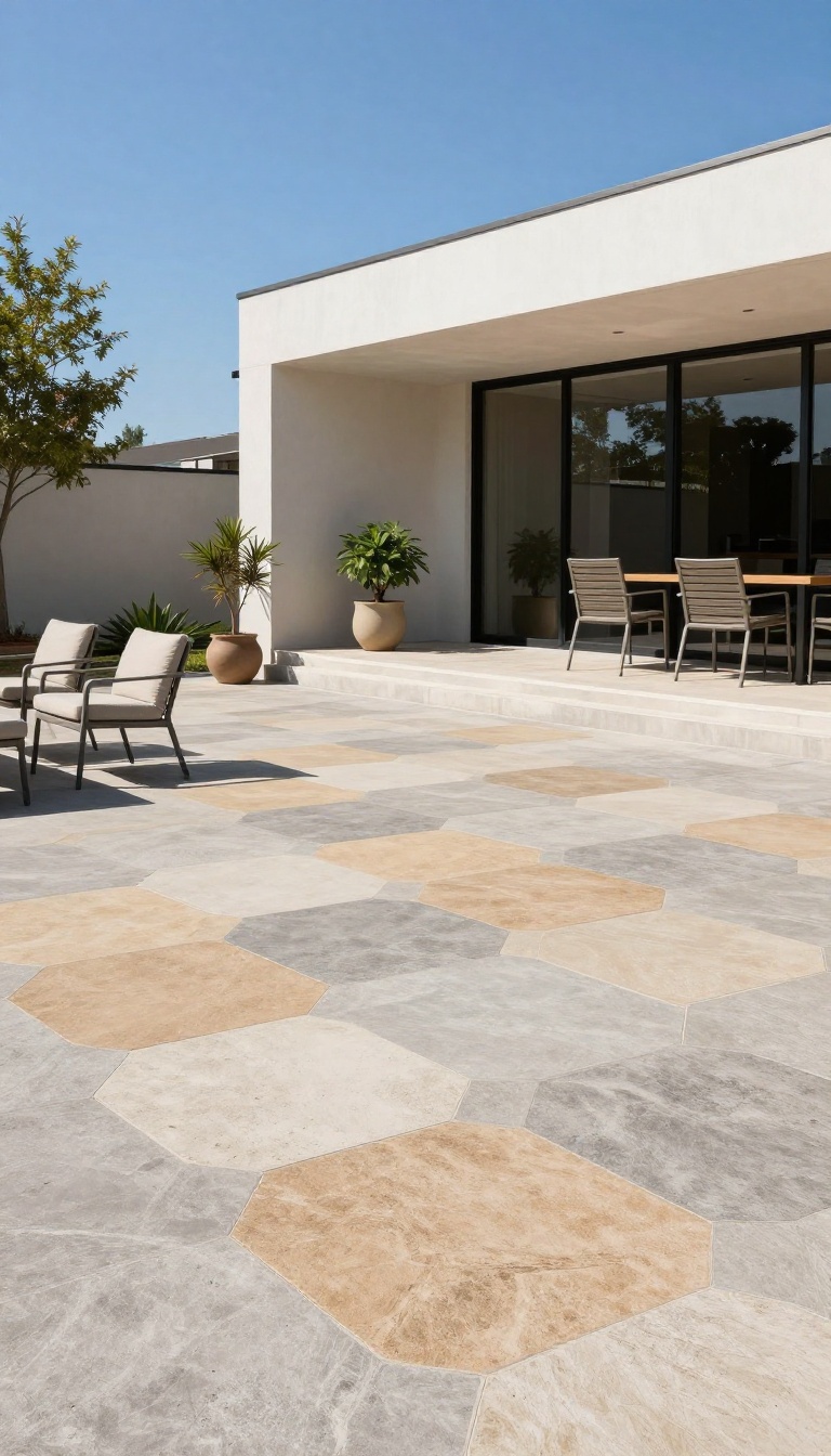 Geometric stamped concrete patio with hexagon pattern in warm gray and taupe, next to a modern home