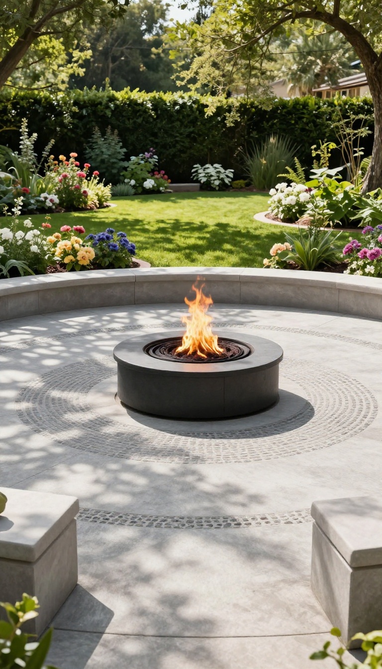Circular stamped concrete patio with concentric rings and a fire pit in a green backyard