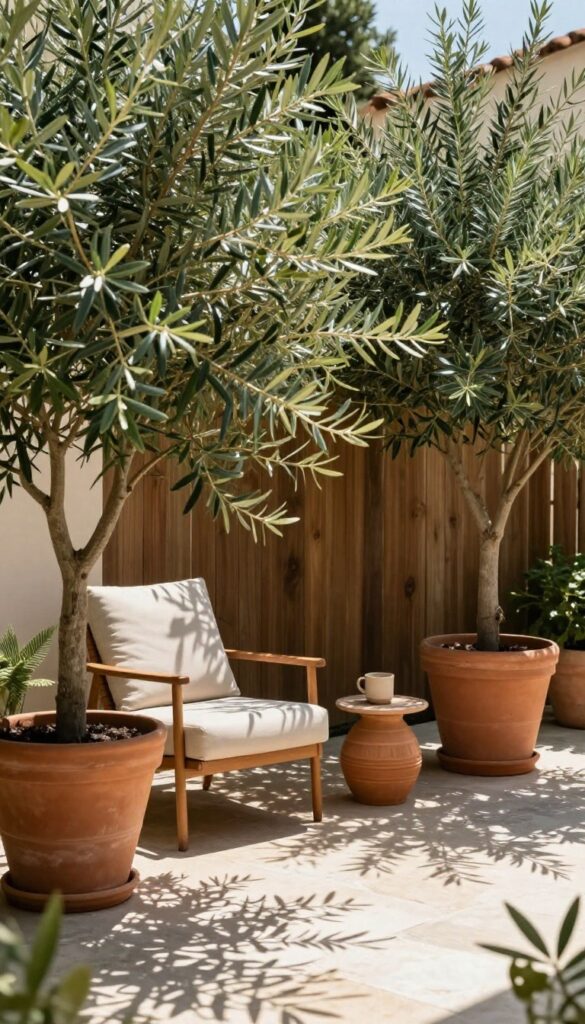 A townhome patio with potted olive trees providing shade and privacy, featuring a lounge chair and natural stone flooring.