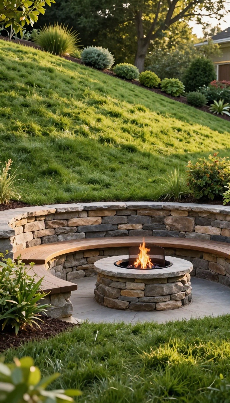 Cozy fire pit area built into a sloped backyard with stone retaining walls and bench seating