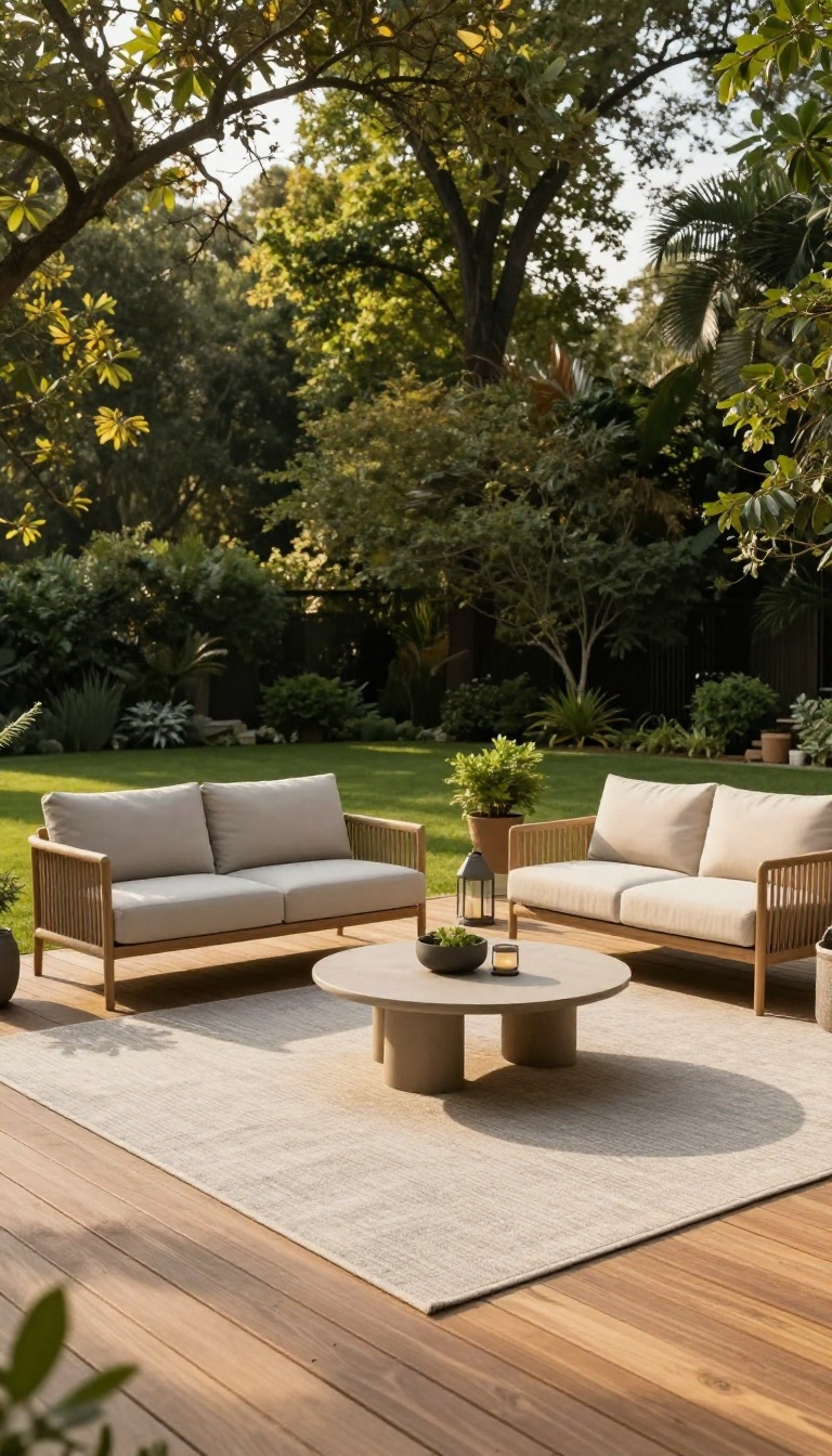 Backyard deck with a large outdoor rug anchoring a U-shaped seating arrangement of a loveseat and two chairs around a coffee table in bright natural light