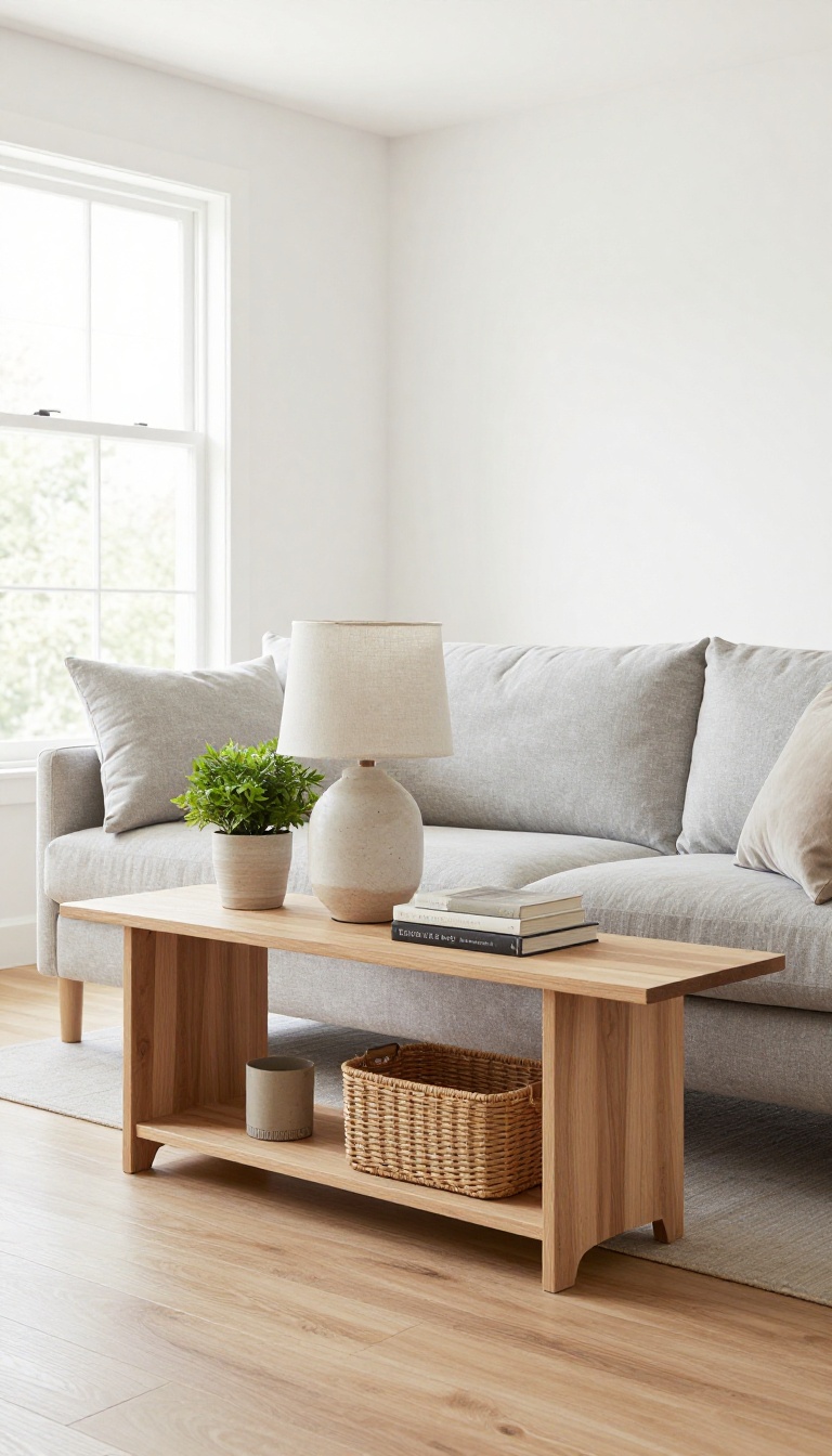 Bright living room with a floating gray sofa and a slim wood console table tucked behind it, styled with a lamp, plant, and books, creating an open walkway.