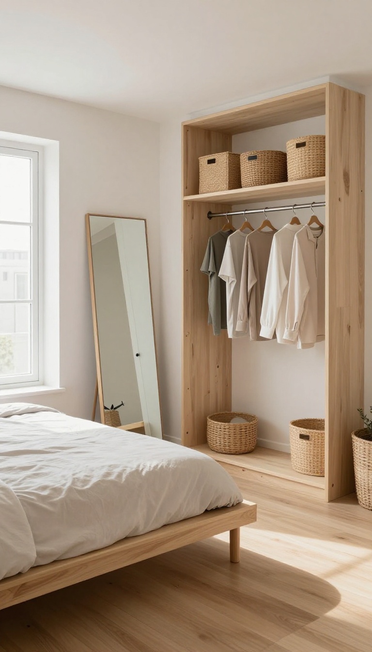 Small loft bedroom with a bed elevated above a compact walk-in closet nook, featuring a hanging rod, open shelves with baskets, and a slim mirror in bright natural light