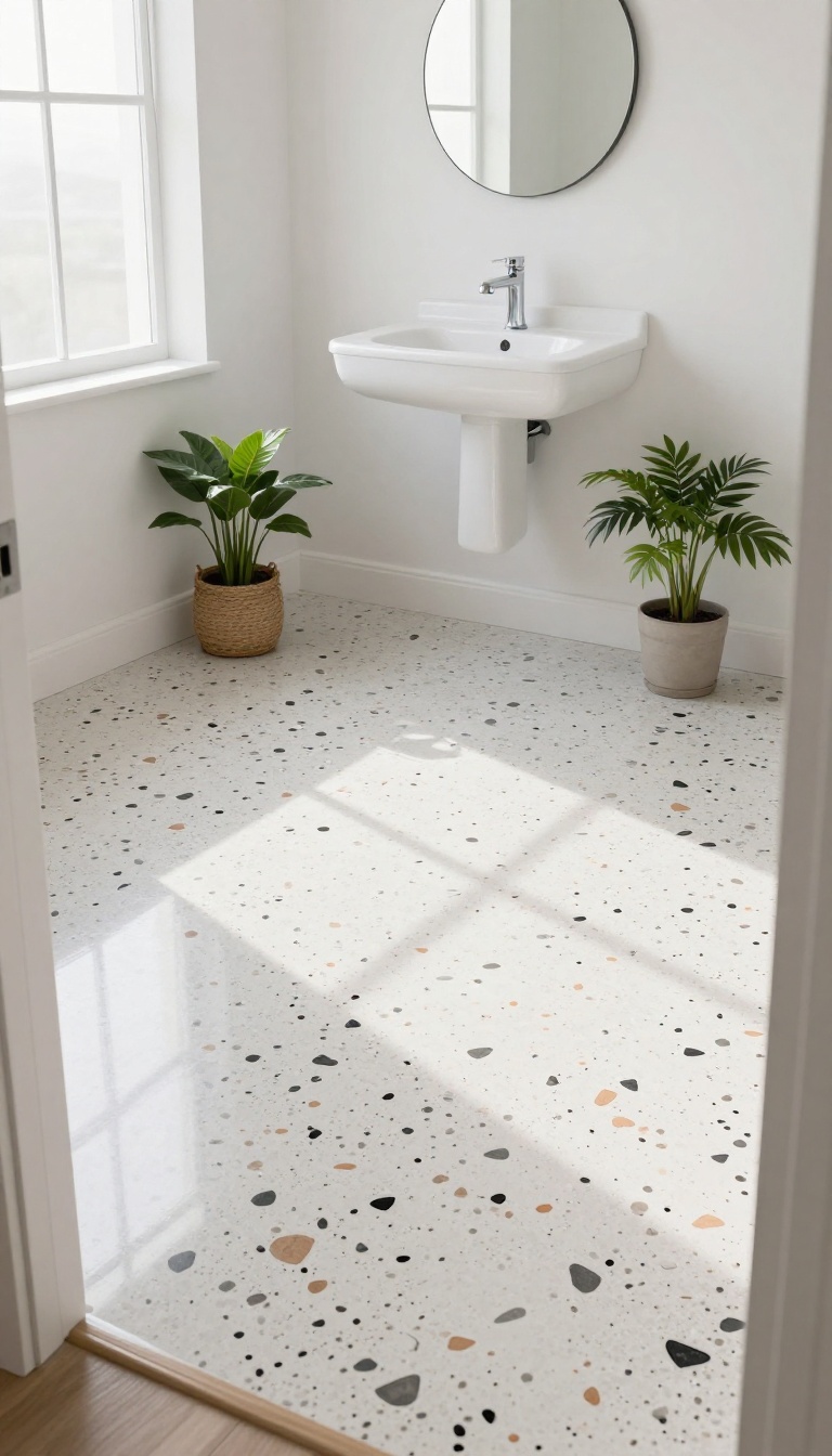 Small bright bathroom with playful terrazzo-look speckled floor tile in white, black, gray, and terracotta