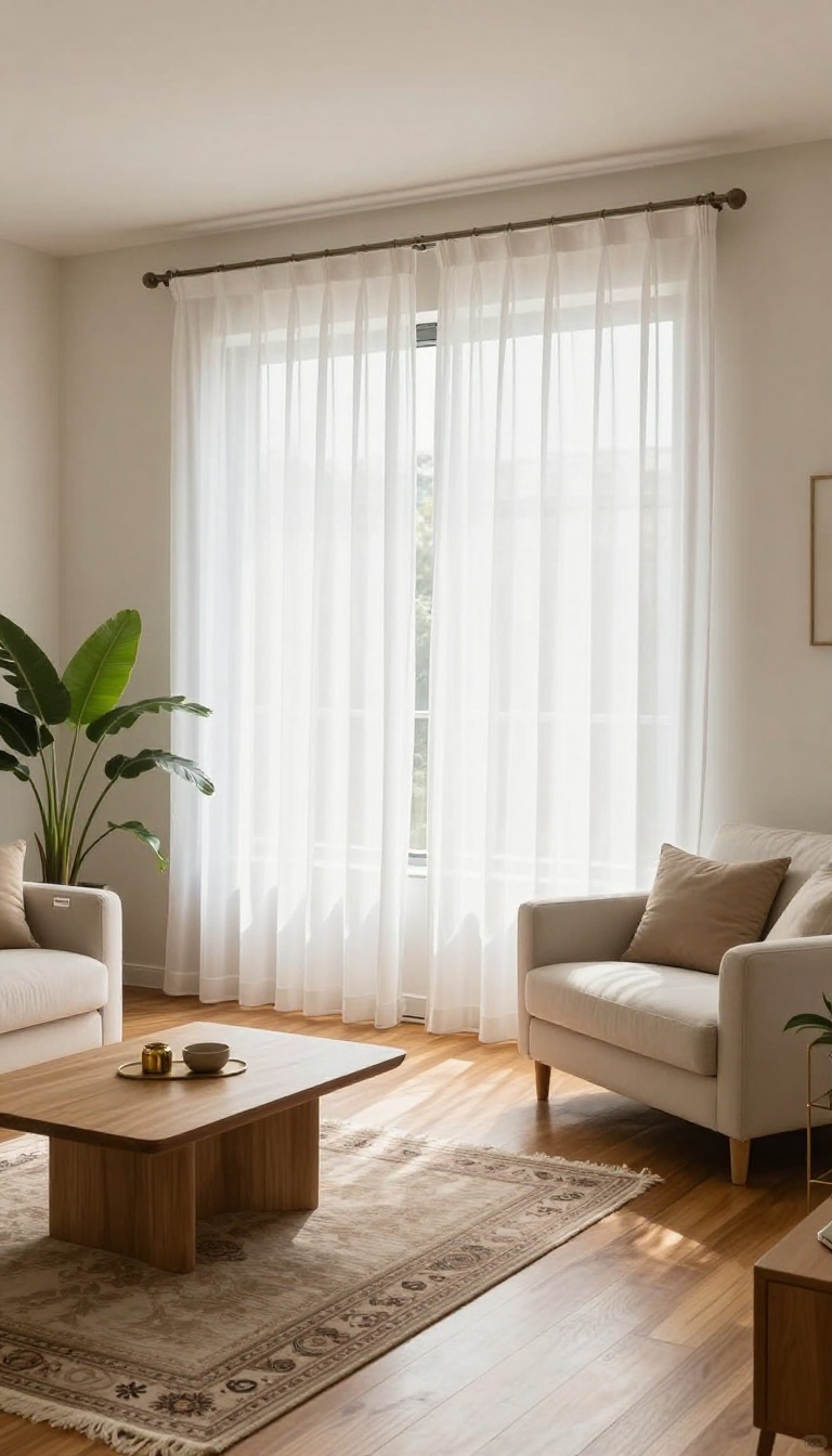 Floor-to-ceiling sheer curtains in a small Indian living room making the space feel taller and brighter