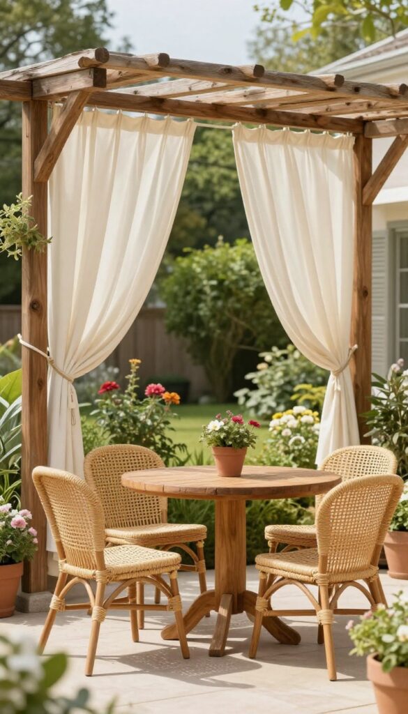 A front yard patio with cream outdoor curtains on a pergola, cozy seating, and plants, in bright natural light.